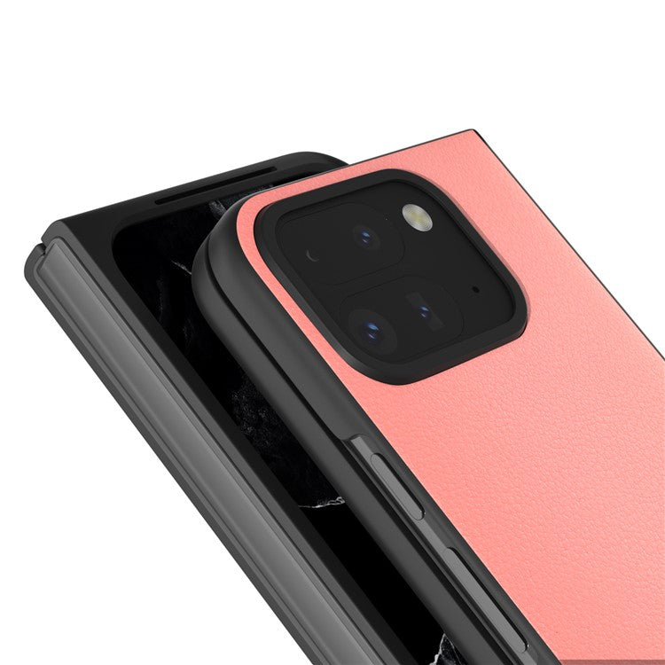 ABEEL For Google Pixel 9 Pro Fold 5G Case Genuine Cow Leather Hard PC Phone Cover - Pink