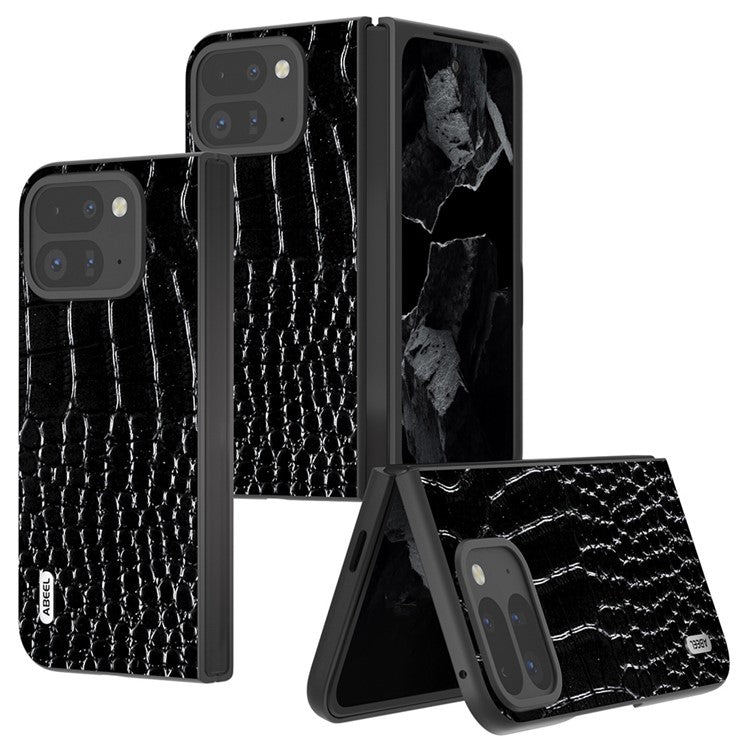 ABEEL For Google Pixel 9 Pro Fold 5G Case Genuine Cow Leather Back Phone Cover Crocodile Texture - Black