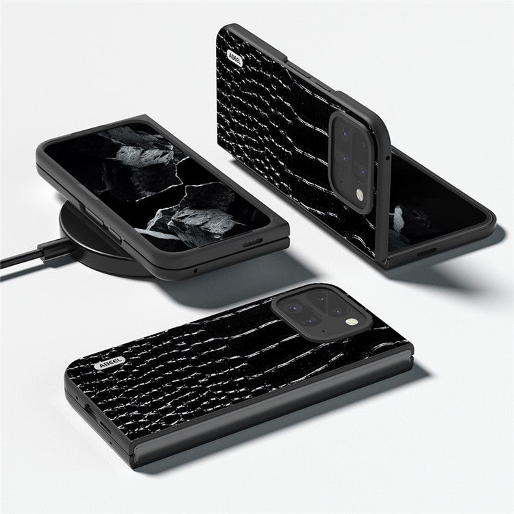 ABEEL For Google Pixel 9 Pro Fold 5G Case Genuine Cow Leather Back Phone Cover Crocodile Texture - Black