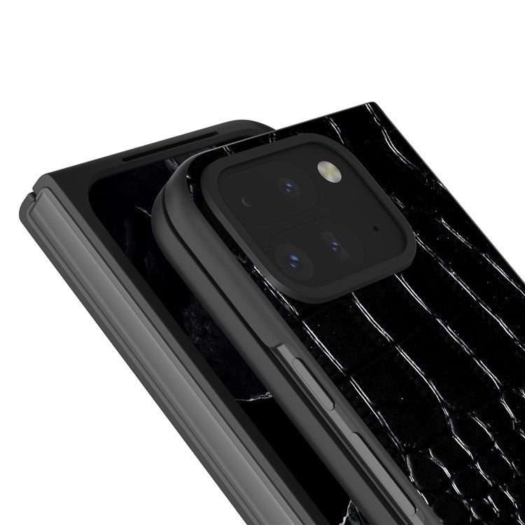 ABEEL For Google Pixel 9 Pro Fold 5G Case Genuine Cow Leather Back Phone Cover Crocodile Texture - Black