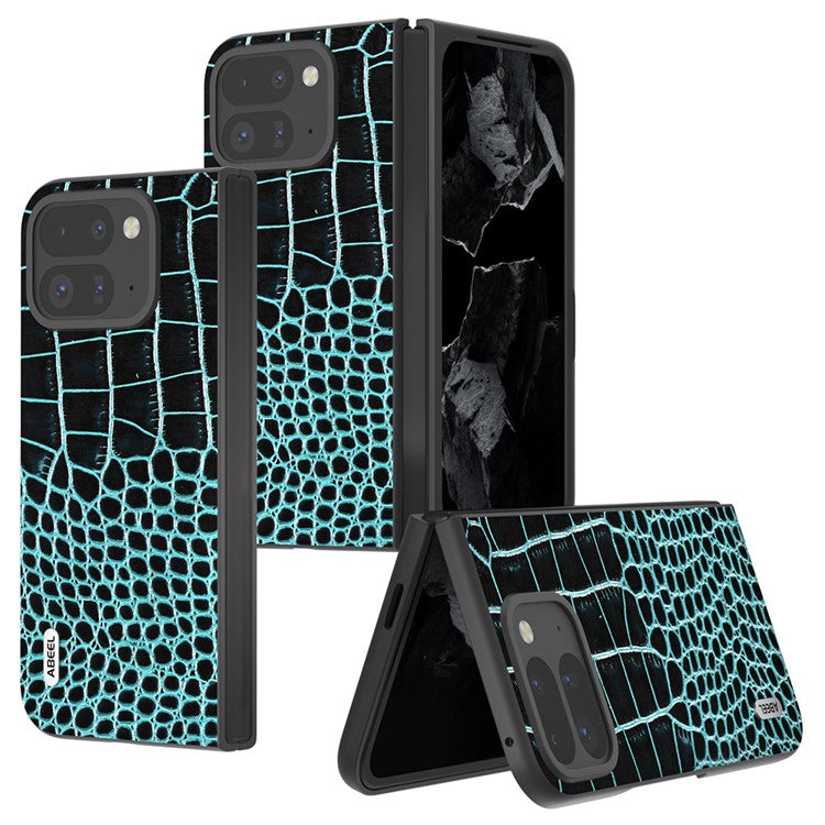 ABEEL For Google Pixel 9 Pro Fold 5G Case Genuine Cow Leather Back Phone Cover Crocodile Texture - Midnight Green