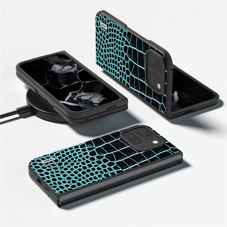 ABEEL For Google Pixel 9 Pro Fold 5G Case Genuine Cow Leather Back Phone Cover Crocodile Texture - Midnight Green
