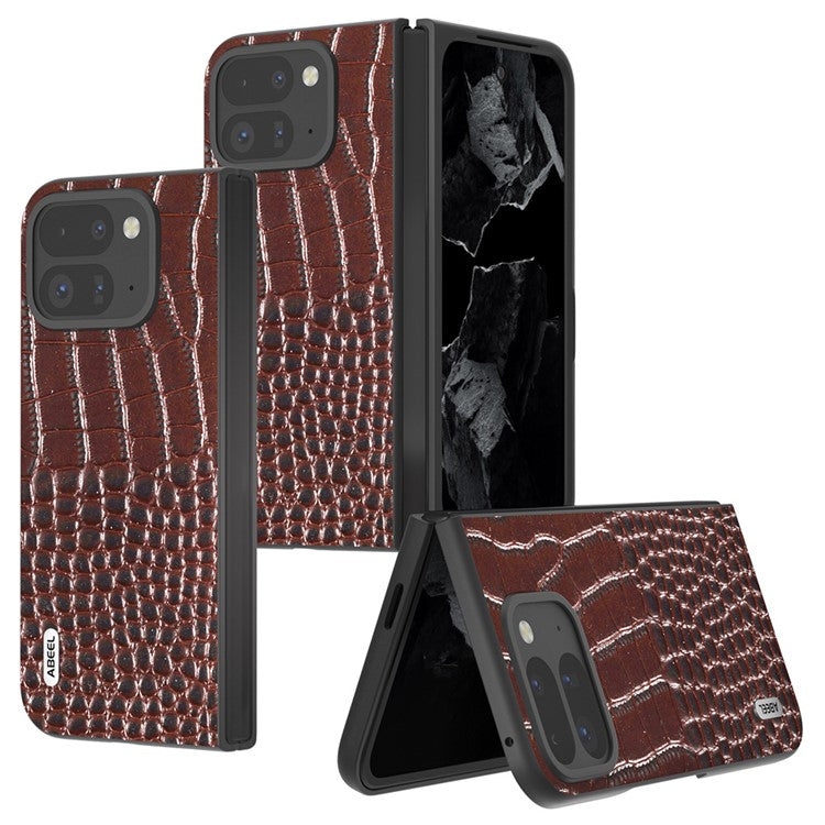 ABEEL For Google Pixel 9 Pro Fold 5G Case Genuine Cow Leather Back Phone Cover Crocodile Texture - Coffee