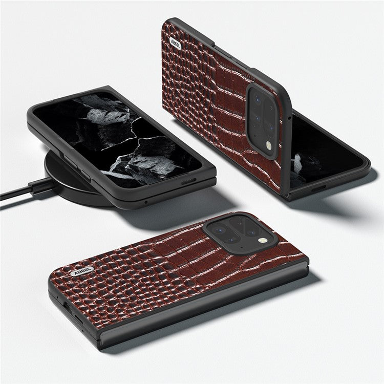 ABEEL For Google Pixel 9 Pro Fold 5G Case Genuine Cow Leather Back Phone Cover Crocodile Texture - Coffee