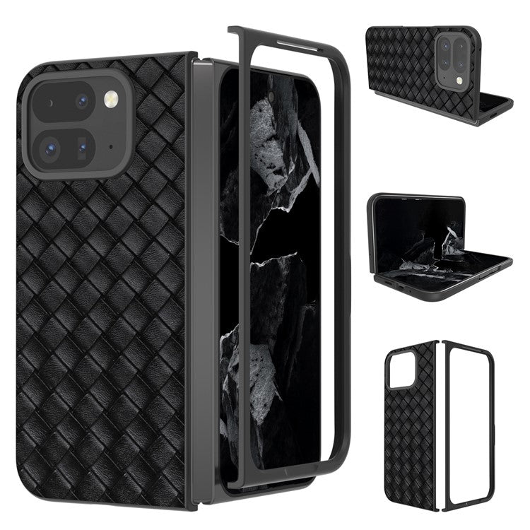 For Google Pixel 9 Pro Fold 5G Case Woven Texture PU Leather Coated PC Mobile Phone Cover - Black