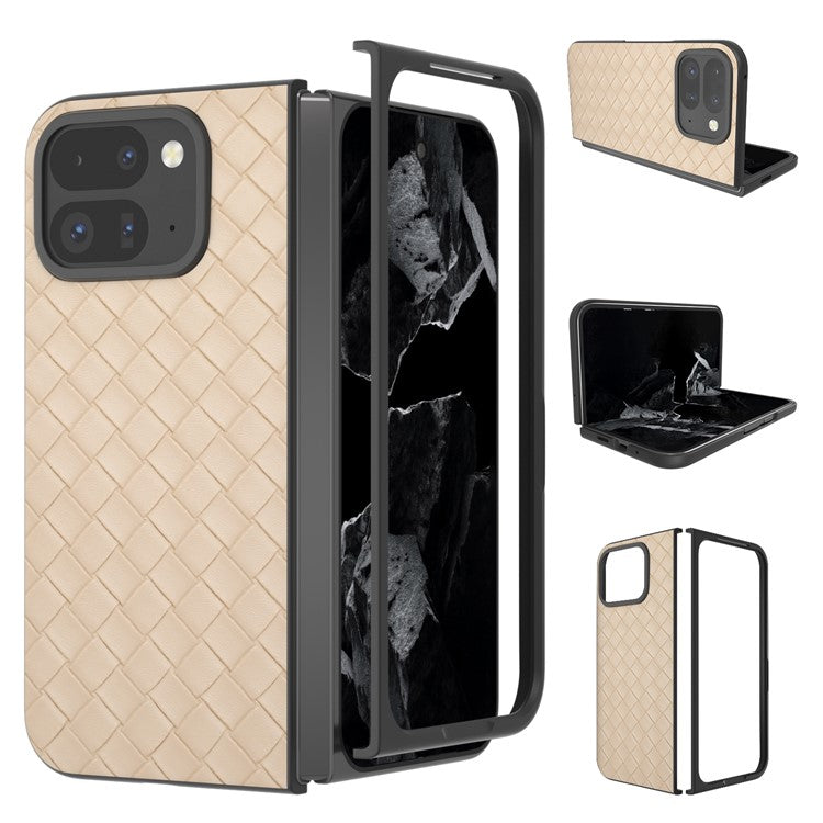 For Google Pixel 9 Pro Fold 5G Case Woven Texture PU Leather Coated PC Mobile Phone Cover - Beige