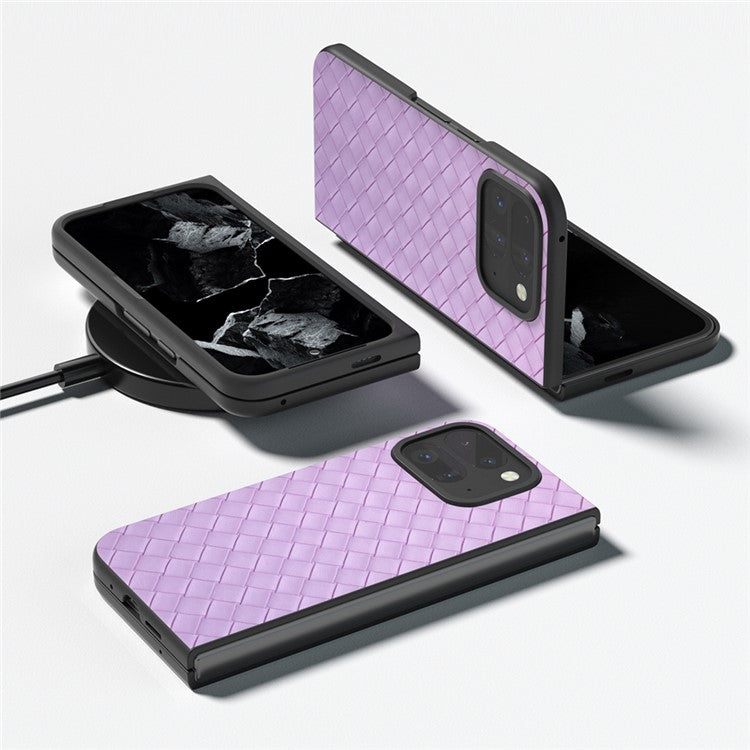 For Google Pixel 9 Pro Fold 5G Case Woven Texture PU Leather Coated PC Mobile Phone Cover - Purple