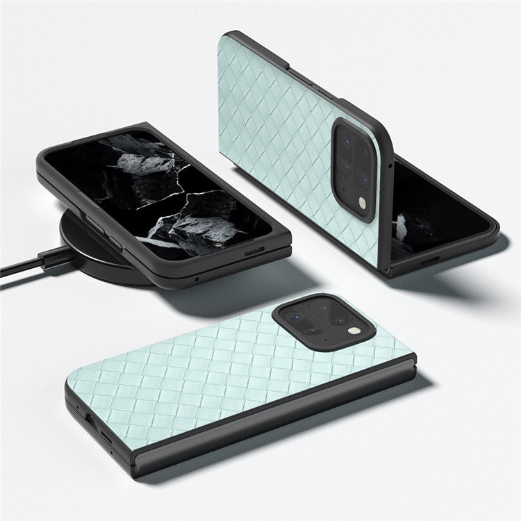 For Google Pixel 9 Pro Fold 5G Case Woven Texture PU Leather Coated PC Mobile Phone Cover - Light Green