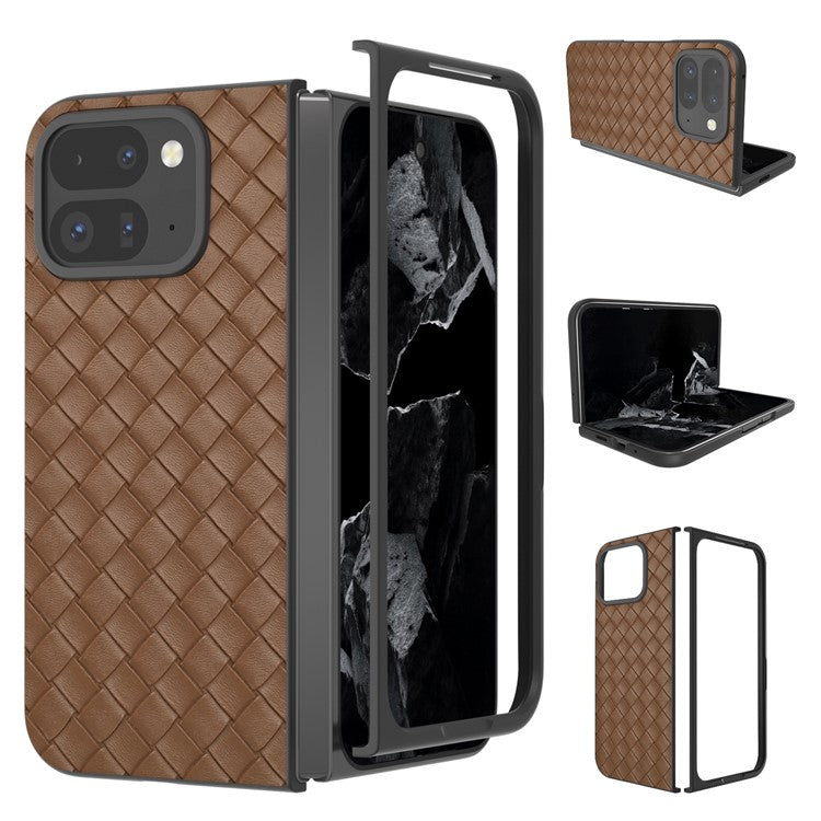 For Google Pixel 9 Pro Fold 5G Case Woven Texture PU Leather Coated PC Mobile Phone Cover - Brown