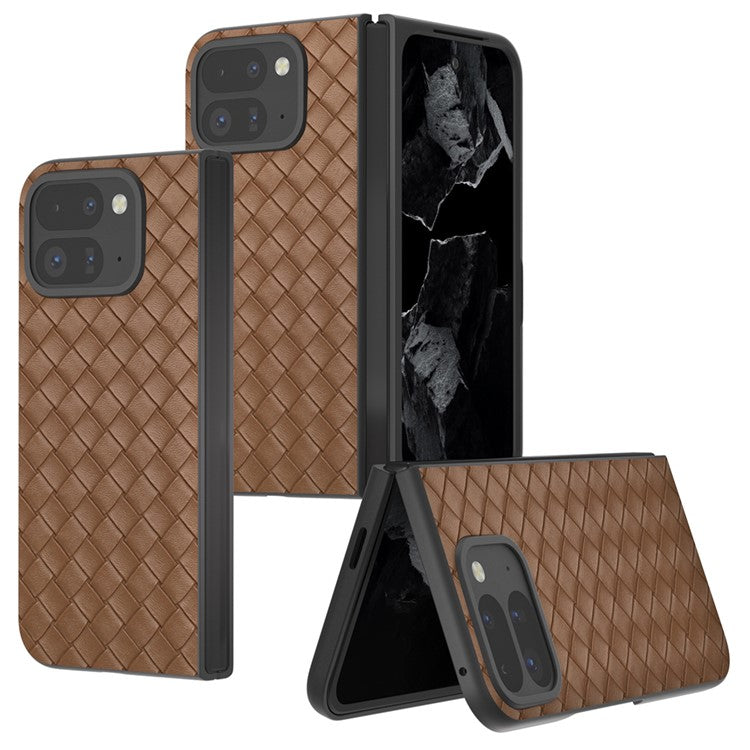 For Google Pixel 9 Pro Fold 5G Case Woven Texture PU Leather Coated PC Mobile Phone Cover - Brown
