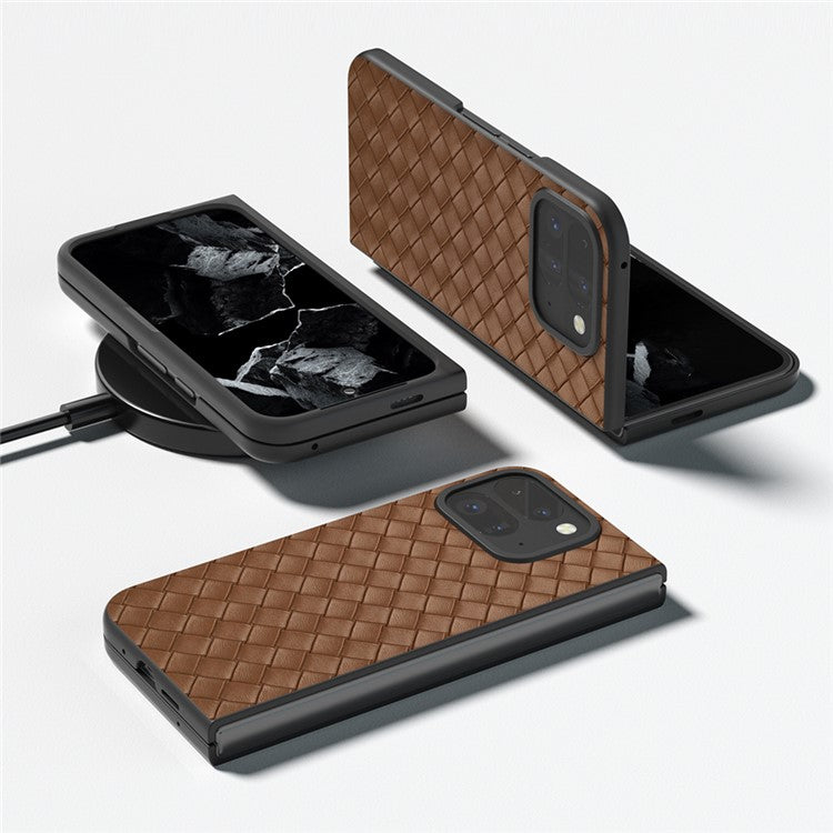 For Google Pixel 9 Pro Fold 5G Case Woven Texture PU Leather Coated PC Mobile Phone Cover - Brown