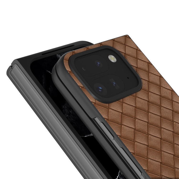 For Google Pixel 9 Pro Fold 5G Case Woven Texture PU Leather Coated PC Mobile Phone Cover - Brown