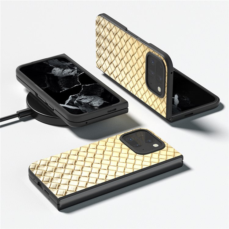 For Google Pixel 9 Pro Fold 5G Case Woven Texture PU Leather Coated PC Mobile Phone Cover - Gold
