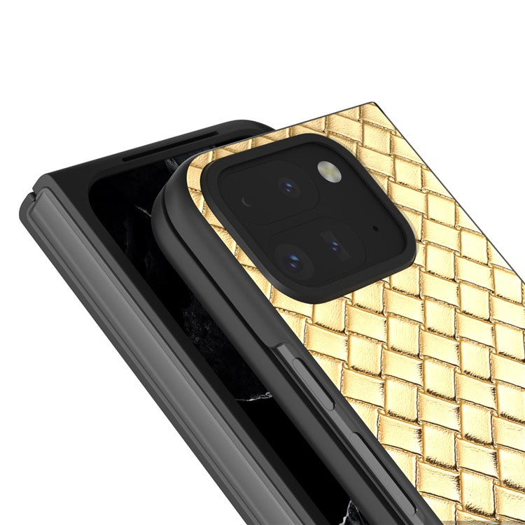 For Google Pixel 9 Pro Fold 5G Case Woven Texture PU Leather Coated PC Mobile Phone Cover - Gold