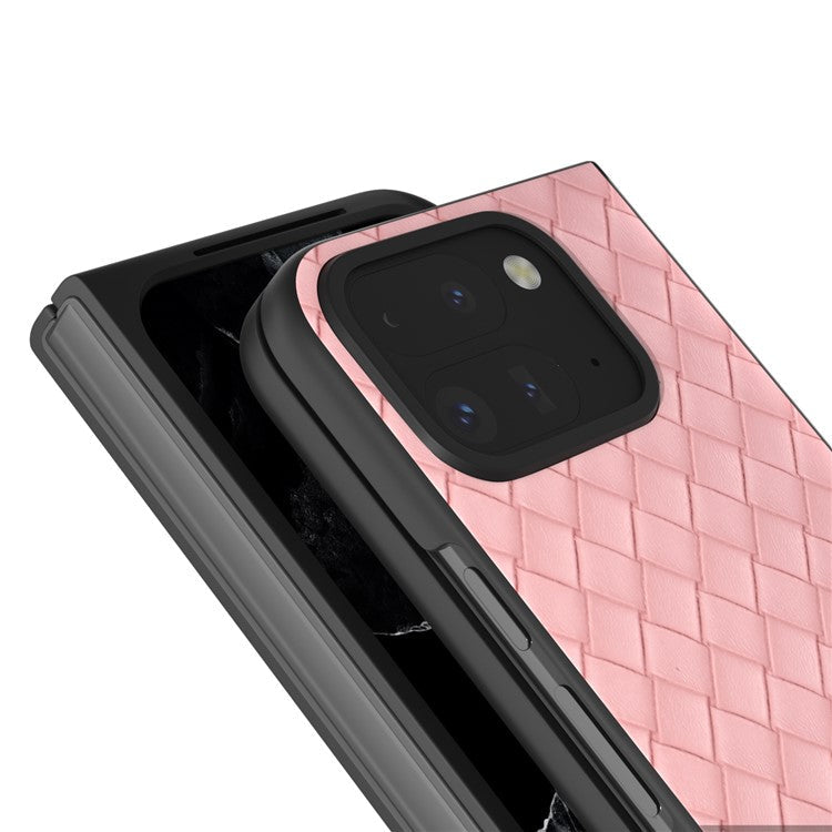 For Google Pixel 9 Pro Fold 5G Case Woven Texture PU Leather Coated PC Mobile Phone Cover - Pink