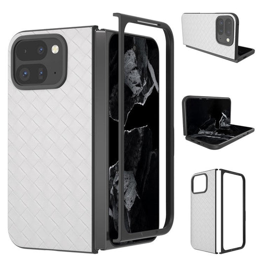 For Google Pixel 9 Pro Fold 5G Case Woven Texture PU Leather Coated PC Mobile Phone Cover - White