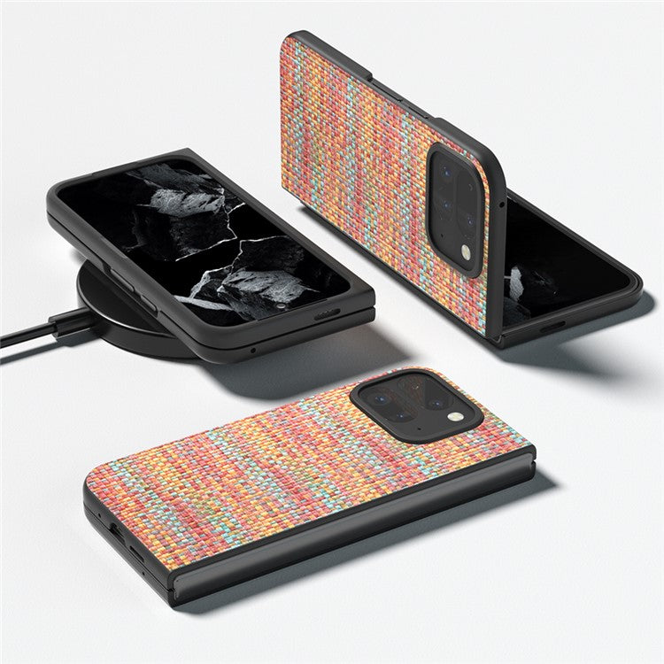 For Google Pixel 9 Pro Fold 5G Case Leather+PC Phone Cover Plaid Texture - Orange Red