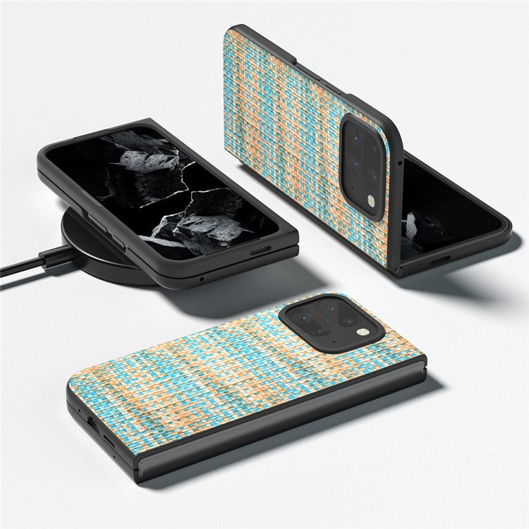 For Google Pixel 9 Pro Fold 5G Case Leather+PC Phone Cover Plaid Texture - Blue