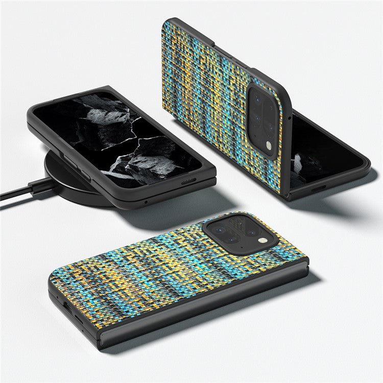 For Google Pixel 9 Pro Fold 5G Case Leather+PC Phone Cover Plaid Texture - Gold