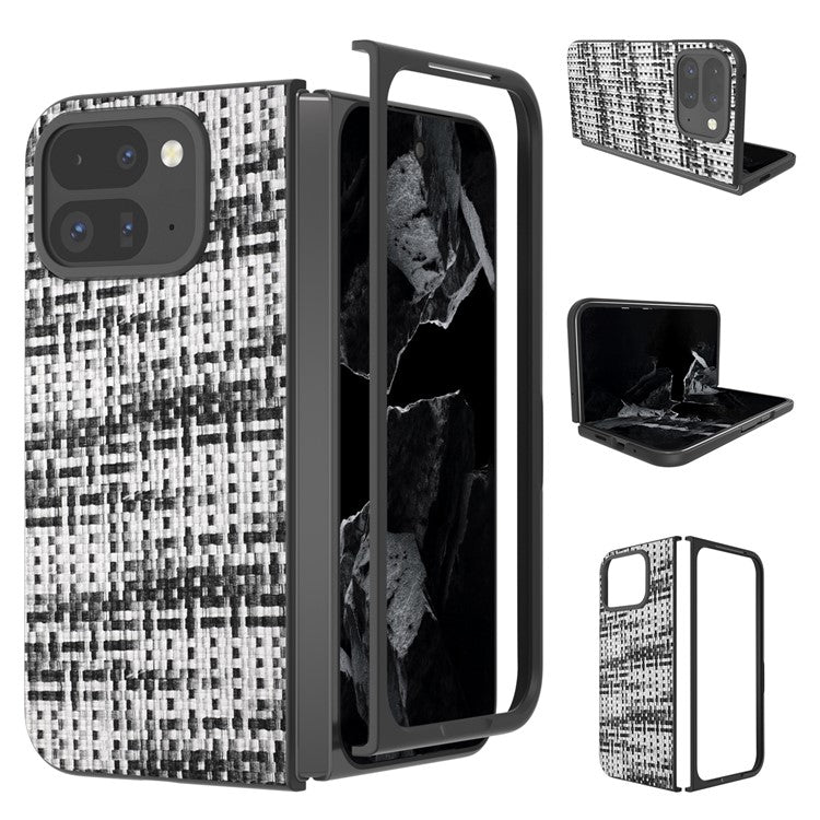 For Google Pixel 9 Pro Fold 5G Case Leather+PC Phone Cover Plaid Texture - Black+White