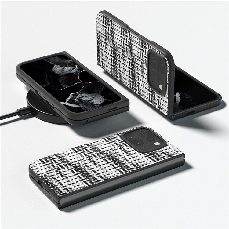 For Google Pixel 9 Pro Fold 5G Case Leather+PC Phone Cover Plaid Texture - Black+White