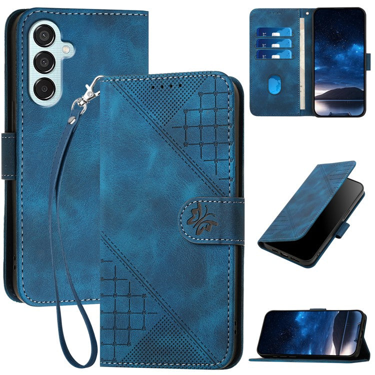 For Samsung Galaxy M15 5G / F15 5G Leather Wallet Case Butterfly Flower Imprinted Phone Cover with Strap - Sapphire