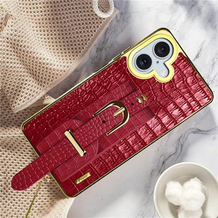For iPhone 16 Case Crocodile Texture PU Leather+TPU Electroplating Phone Cover Wristband Kickstand - Red