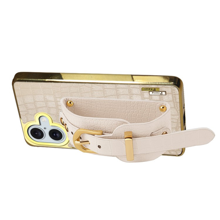 For iPhone 16 Case Crocodile Texture PU Leather+TPU Electroplating Phone Cover Wristband Kickstand - Red