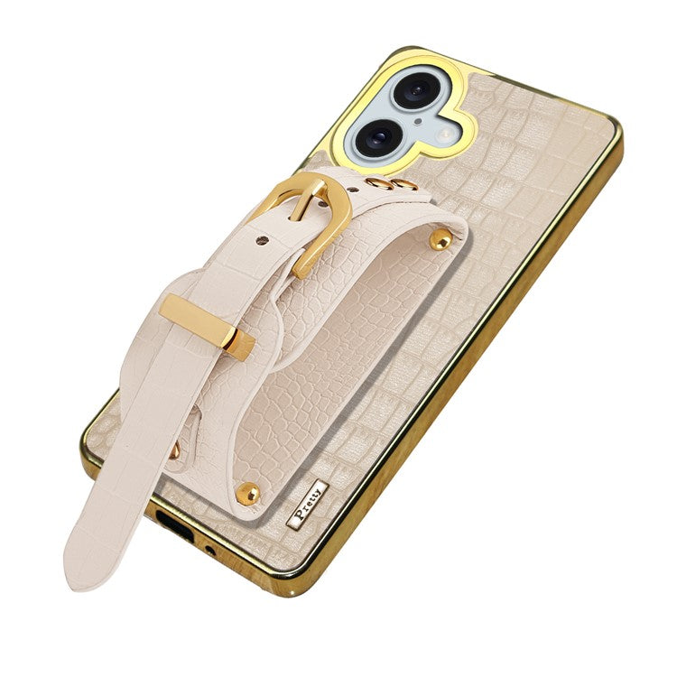 For iPhone 16 Case Crocodile Texture PU Leather+TPU Electroplating Phone Cover Wristband Kickstand - Red