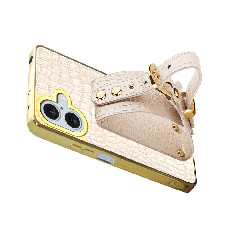 For iPhone 16 Case Crocodile Texture PU Leather+TPU Electroplating Phone Cover Wristband Kickstand - Red