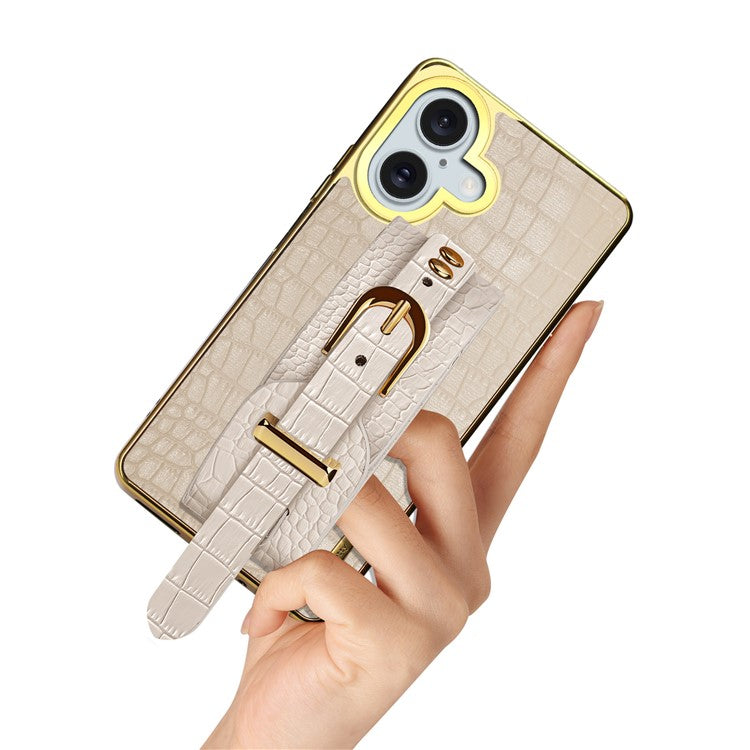 For iPhone 16 Case Crocodile Texture PU Leather+TPU Electroplating Phone Cover Wristband Kickstand - Red