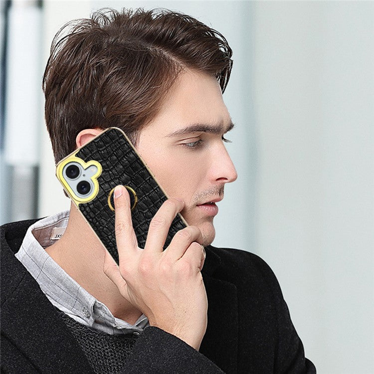 For iPhone 16 Case Crocodile Texture Leather+TPU Electroplating Phone Cover with Ring Kickstand - Green