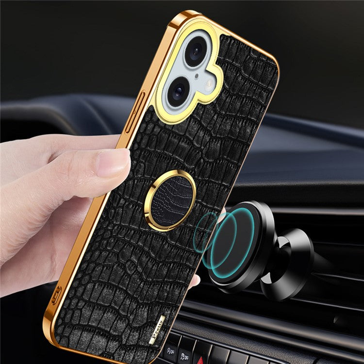 For iPhone 16 Case Crocodile Texture Leather+TPU Electroplating Phone Cover with Ring Kickstand - Green