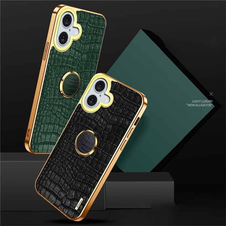 For iPhone 16 Case Crocodile Texture Leather+TPU Electroplating Phone Cover with Ring Kickstand - Green