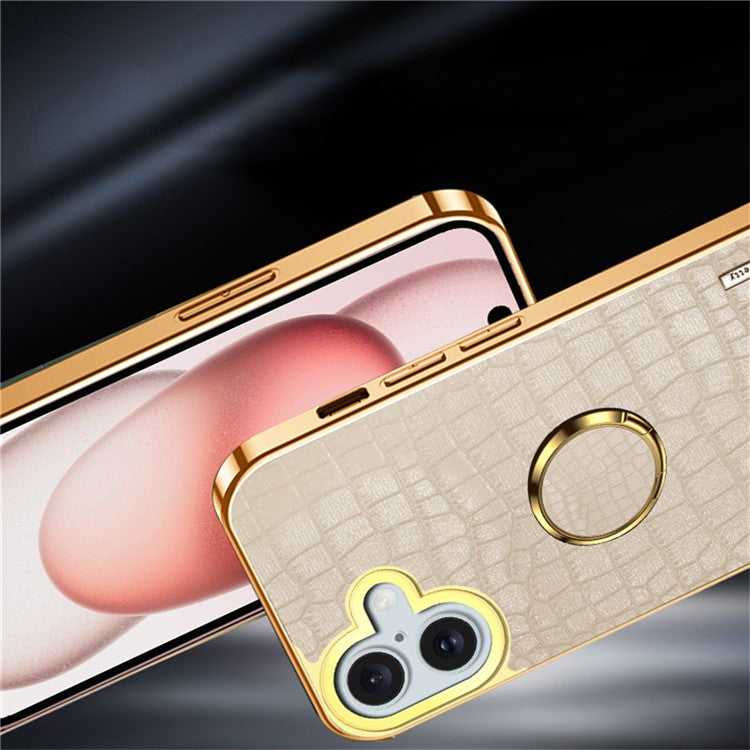 For iPhone 16 Case Crocodile Texture Leather+TPU Electroplating Phone Cover with Ring Kickstand - Green