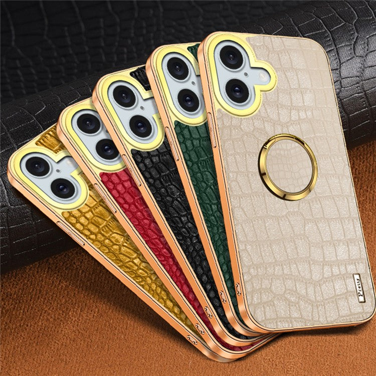 For iPhone 16 Case Crocodile Texture Leather+TPU Electroplating Phone Cover with Ring Kickstand - Green