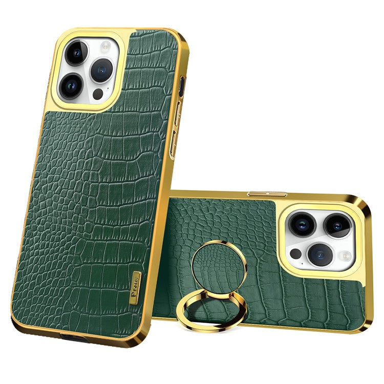 For iPhone 16 Pro Case Crocodile Texture Leather+TPU Electroplating Phone Cover with Ring Kickstand - Green