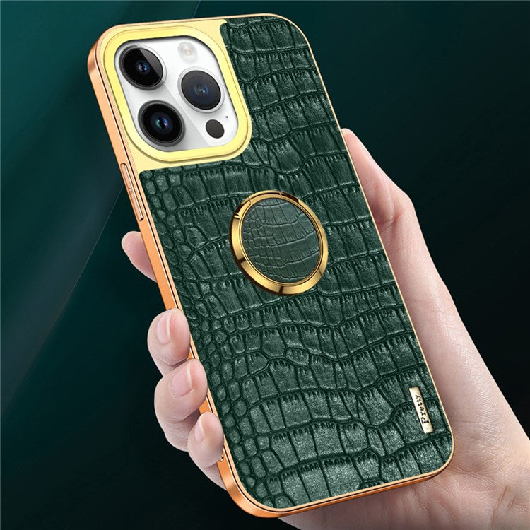 For iPhone 16 Pro Case Crocodile Texture Leather+TPU Electroplating Phone Cover with Ring Kickstand - Green
