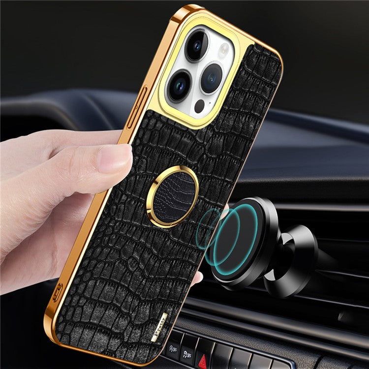 For iPhone 16 Pro Case Crocodile Texture Leather+TPU Electroplating Phone Cover with Ring Kickstand - Green