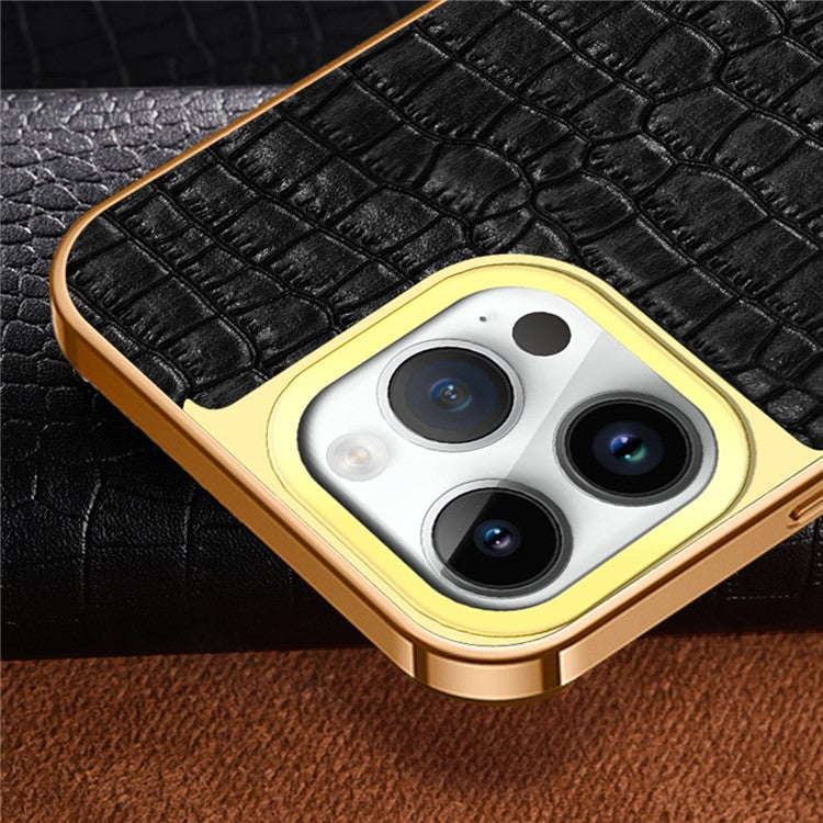 For iPhone 16 Pro Case Crocodile Texture Leather+TPU Electroplating Phone Cover with Ring Kickstand - Green