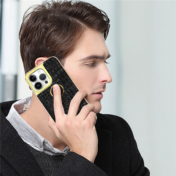 For iPhone 16 Pro Case Crocodile Texture Leather+TPU Electroplating Phone Cover with Ring Kickstand - Green