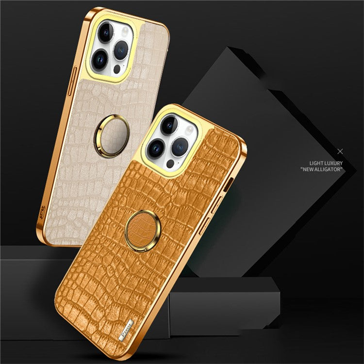 For iPhone 16 Pro Case Crocodile Texture Leather+TPU Electroplating Phone Cover with Ring Kickstand - Green