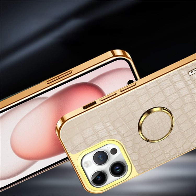 For iPhone 16 Pro Case Crocodile Texture Leather+TPU Electroplating Phone Cover with Ring Kickstand - Green