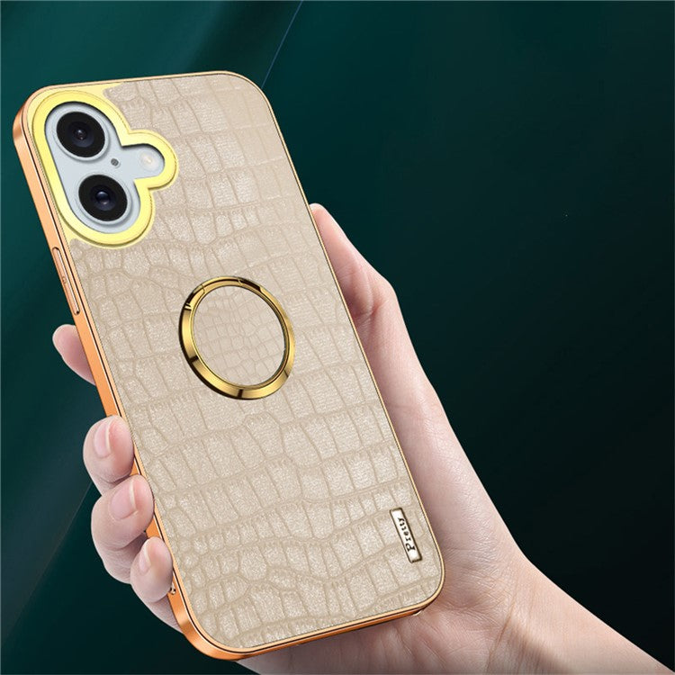 For iPhone 16 Plus Case Crocodile Texture Leather+TPU Electroplating Phone Cover with Ring Kickstand - White
