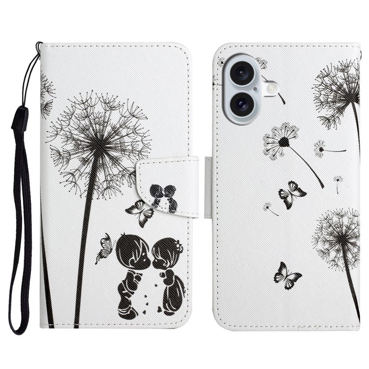 For iPhone 16 Case Pattern Printing Protective Leather Folio Phone Cover - Dandelion