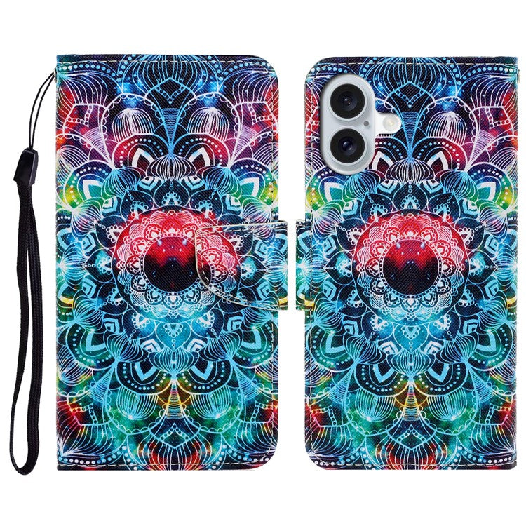 For iPhone 16 Case Pattern Printing Protective Leather Folio Phone Cover - Mandala