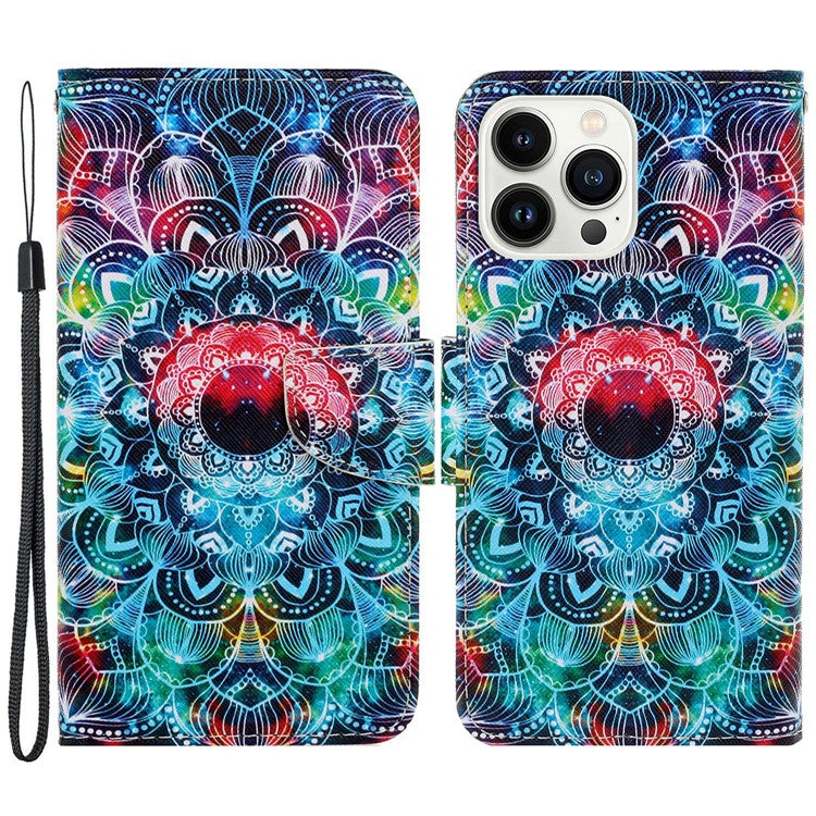 For iPhone 16 Pro Case Pattern Printing Protective Leather Folio Phone Cover - Mandala
