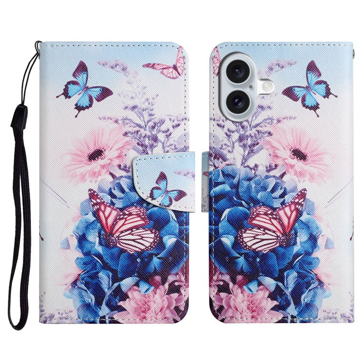 For iPhone 16 Plus Case Pattern Printing Protective Leather Folio Phone Cover - Purple Butterfly