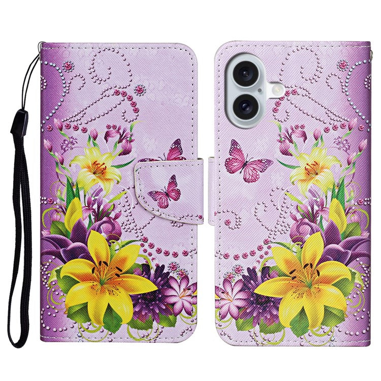 For iPhone 16 Plus Case Pattern Printing Protective Leather Folio Phone Cover - Flower / Butterfly