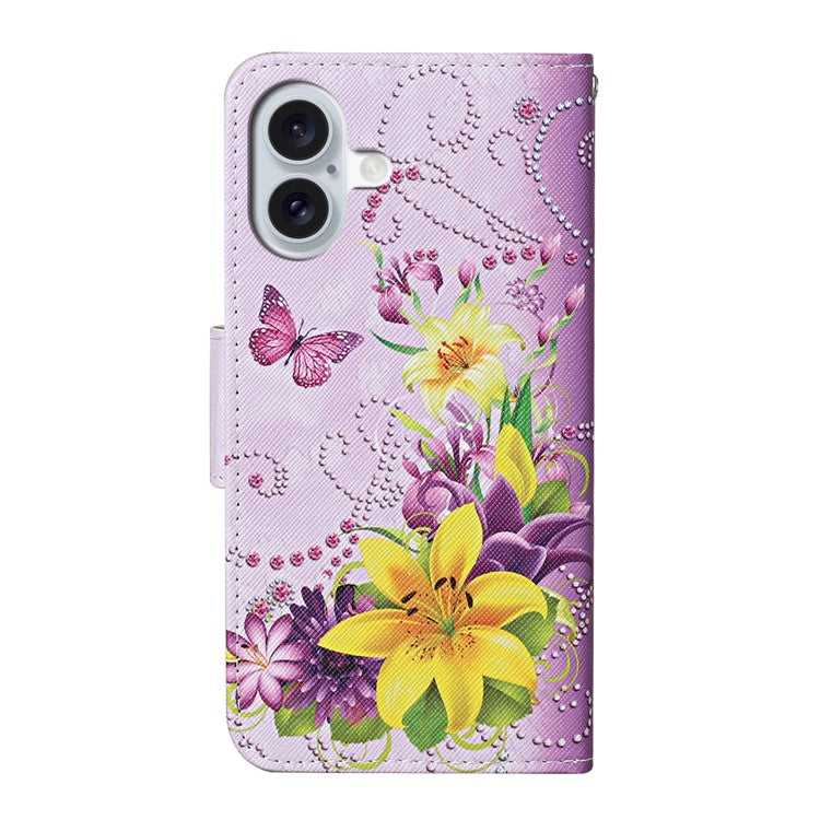 For iPhone 16 Plus Case Pattern Printing Protective Leather Folio Phone Cover - Flower / Butterfly